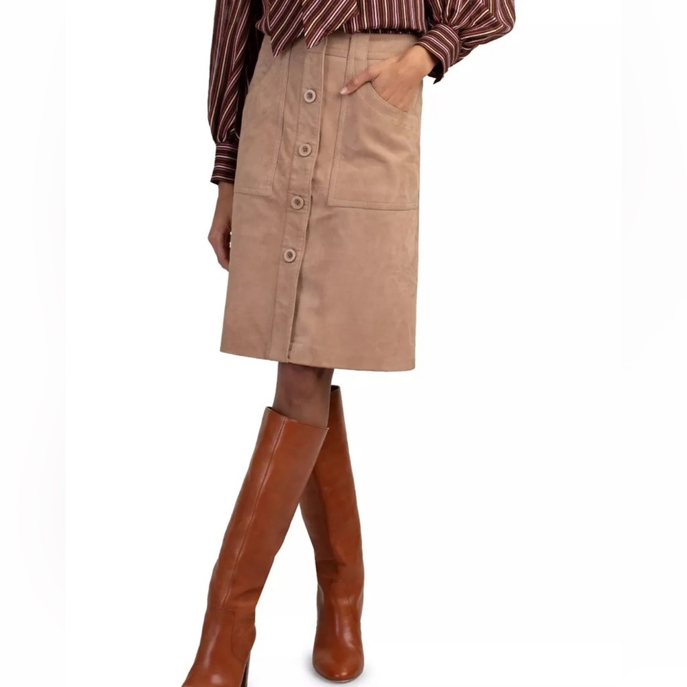 Trina Turk Camel Tan 100% Suede Leather A-Line Knee Skirt Zip Button-Up Pocket 2